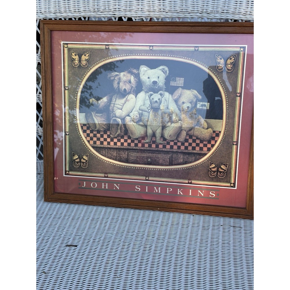 Vintage John Simpkins Teddy Bear Art Print Framed Americana Folk Decor